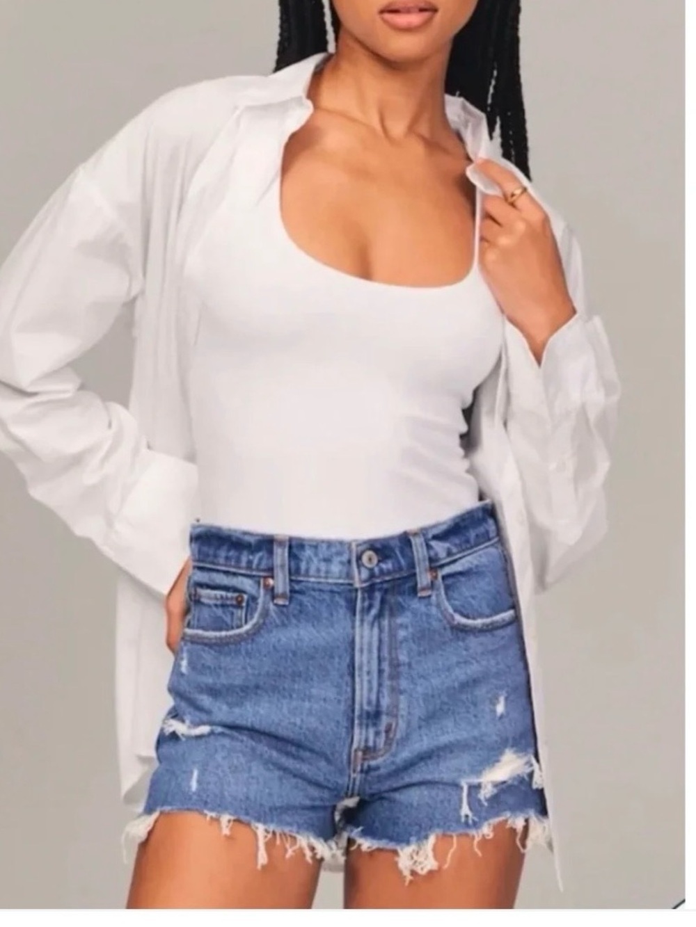 High-Rise Distressed Denim Shorts - Blue